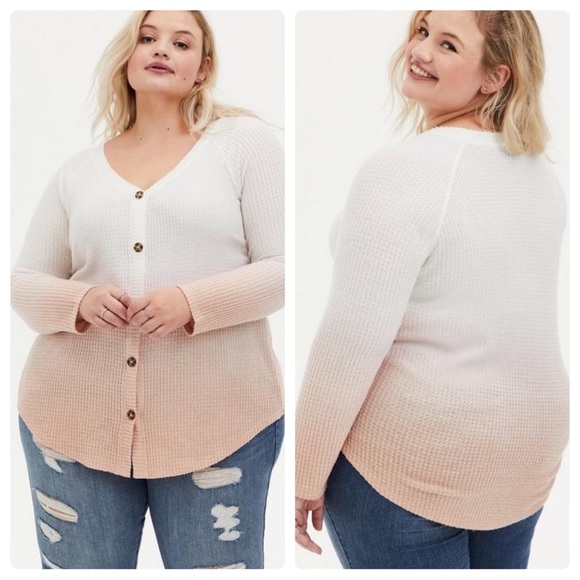 Torrid Waffle V-Neck Button Front Long Sleeve Peach Ombre White Top Plus Size 1X - Picture 1 of 14